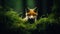 A small fox peeking out from behind a green bush, AI