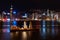 Small freight ship in Hong Kong at night