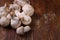 Small fresh raw forest champignons mushrooms on wooden table. Seasonal organic vegan-friendly vegetarian food. Close up, copy
