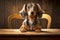 small friendly dachshund dog sitting on wooden table