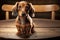 small friendly dachshund dog sitting on wooden table