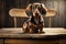 small friendly dachshund dog sitting on wooden table