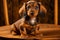 small friendly dachshund dog sitting on wooden table