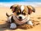 Small funny brown puppy on the sandy beach. Little playful dog