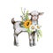 Small funny goat with flower rustic style decor. Watercolor illustration. Hand drawn cute farm domestic with summer