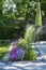 Small Garden Filled with Flowers and Two Red Hummingbird Feeders on a Shepherd Hook