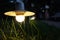 Small Garden Light, Lanterns In grass Bed. Garden Design. Luminarias and Christmas lights decorate a garden at night.