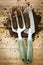 Small gardening shovel and fork on wooden background