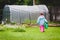 Small girl child is gardening and watering daisies in backyard.