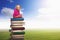 Small girl sits on the pile of books