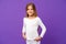 Small girl smile on violet background. Child smiling with long blond hair on purple background. Kid model in casual