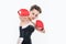 small girl training in boxing gloves. sport and fitness. teen girl boxer. sportswear and equipment shop. healthy