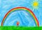 Small girl under the rainbow, child`s drawing