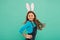 Small girl wear bunny ears. Kid in rabbit costume. Spring holidays. Easter funny bunny. Happy easter. Seasonal sale and