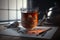 A small glass of oriental-style tea, hot, on a desk table. Ai generated
