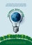 Small globe on light blub drawing and green forest, example texts on blue background. Concept poster campaign of world environment