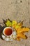 Small golden cup of tea on a saucer standing on a bench in the autumn the warm sunny day