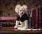 Small goofy dog in glasses on desk with books