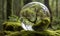 A small graceful tree, encased in a transparent glass sphere, against the background of a lush green forest.