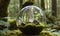 A small graceful tree, encased in a transparent glass sphere, against the background of a lush green forest.