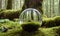 A small graceful tree, encased in a transparent glass sphere, against the background of a lush green forest.