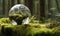 A small graceful tree, encased in a transparent glass sphere, against the background of a lush green forest.