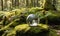 A small graceful tree, encased in a transparent glass sphere, against the background of a lush green forest.