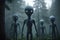 Small gray aliens in dark forest. Generative AI