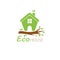 Small green eco house on the tree branch. House logo. Ecological house icon