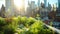 Small green space on the rooftop garden. Innovative urban farming techniques on a rooftop garden, showcasing vertical farming and