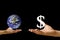Small hand exchange the world with Dollar icon