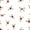 Small handmade isolated vector cherry flowers with green leaves, black outline, unfit colored and white and blue tiny dots backgro