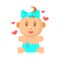 Small Happy Baby Girl Sitting In Blue Nappy With Hearts Around Vector Simple Illustrations With Cute Infant