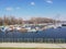 Small harbor at Ada Ciganlija with view on Ada bridge in Belgrade, Serbia.