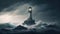 Small haunted lighthouse in a stormy sea on a tiny island. Generative AI
