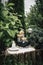 Small home garden private fountain with meditating Buddha statue between trees and bushes.