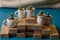 Small home ornamental cactuses in the cute ceramic cups on wooden planks. Composition of mini gardens of prickly succulents on the