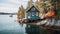 A small house sitting on top of a rock next to a body of water. AI generative image. Tiny house, houseboat.