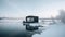A small house sitting on top of a snow covered lake. AI generative image. Tiny house, houseboat.