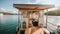 A small houseboat on a lake with a couch. AI generative image. Tiny house, houseboat.