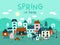 Small houses city. Little huge town. Spring season mood downtown banner. Cute buildings and cars. Trees and pets. Urban