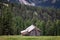 Small hut in forest near Passo delle Erbe, Dolomites