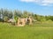 Small huts in rice paddy field