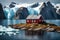 Small Idyllic Hut On Island Fjord Waterway Icebergs