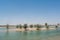 Small island at artificial lake at oasis in the desert surrounded by trees and bushes