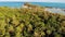 Small island and coral reef in ocean. Drone view of green uninhabited island and amazing coral reef in calm sea on sunny day in