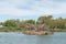 Small island in the middle of a lake with seabirds perched on the trees