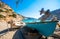 The small isolated gulf of Vathi, in Crete, with sandy beach and some lucky campers.