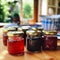 Small jars of jam on table. Generative AI