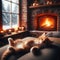 Small kitten sleeping near open fire with view of cold exterior